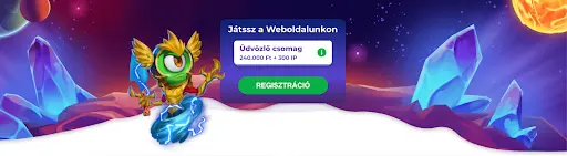 Rajzolt űrjelenet, kristályok és bolygók hátterében arany sisakos, zöld szemű karakter, mellette felirat