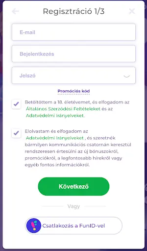Online kaszinó regisztrációs űrlap, 1/3 lépés – e-mail, bejelentkezés és jelszó mezők.
