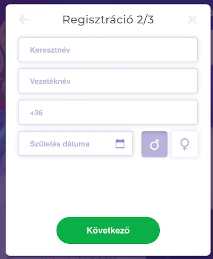 Online kaszinó regisztrációs űrlap, 2/3 lépés – keresztnév, vezetéknév, telefonszám, születési dátum és nem választás.