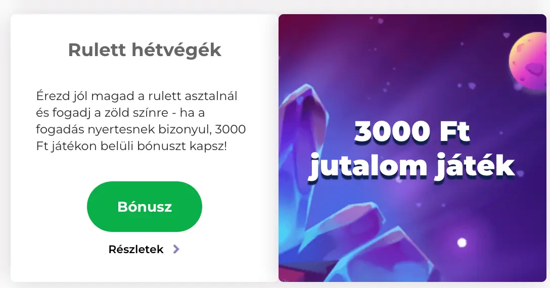 Rulett hétvége promóció, 3000 Ft jutalom játék kiemeléssel.